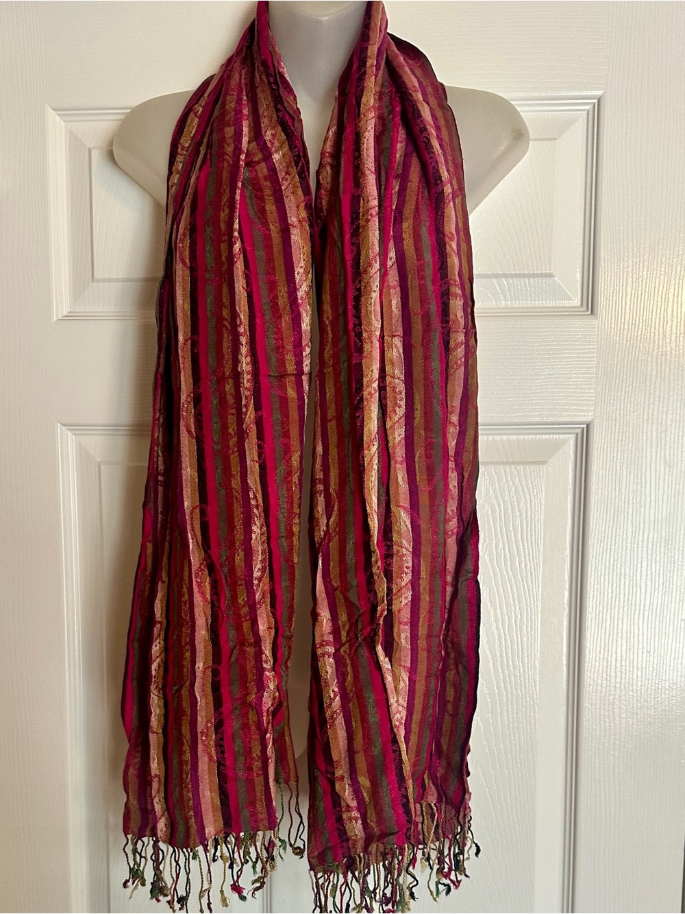 Sacred Threads Pink and Gold Striped Lightweight Fringe Scarf